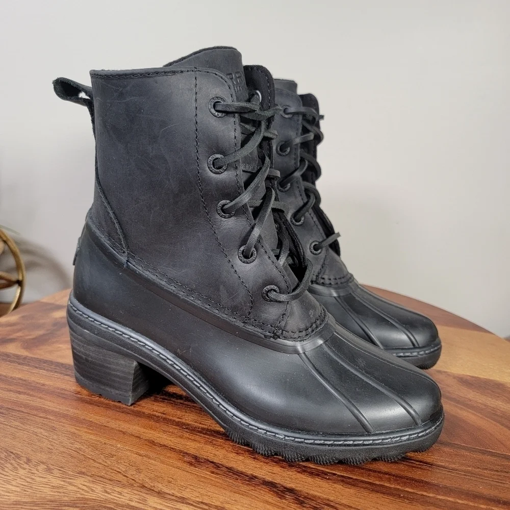 Sperry Saltwater Heel Rain Boots Women's Black Leather Lace-Up Duck Boot Size 5